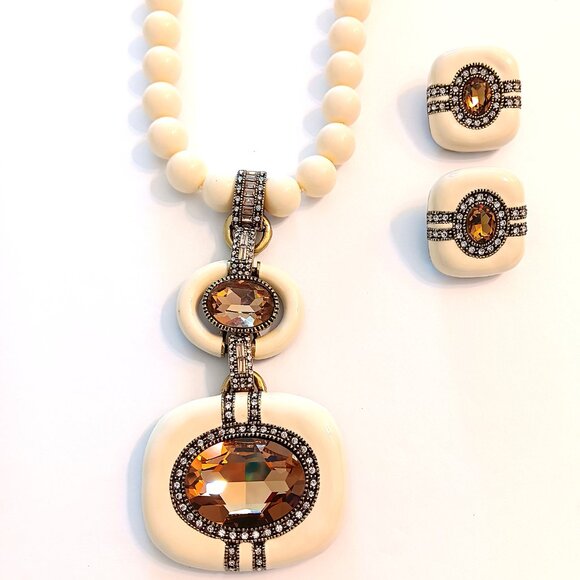 Heidi Daus Cream Glass Beaded & Enamel Amber Crystal Necklace & Earring Set - Picture 3 of 8